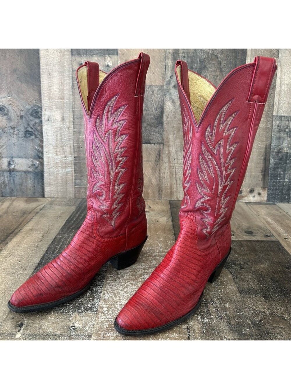 Justin Vintage Red Teju Lizard Western Cowboy Boots Womens 7.5 B